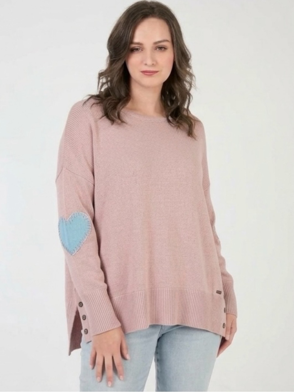 Shannon Passero Clara Pullover Upcycled Pink Sweater Blue Heart Elbow Patch RARE